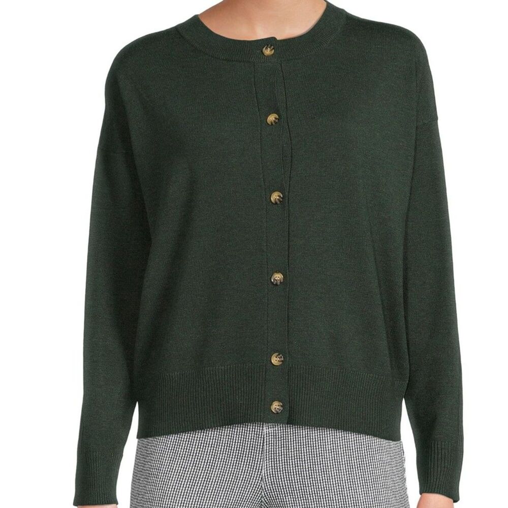 Olive Green Cardigan Knitted Crew Neck Long Sleeve Button Placket Closure Sz XS